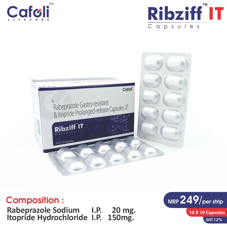 Rabeprazole (20mg) + Itopride (150mg) Capsule at the best price in PCD Pharma Franchise for Proton Pump Inhibitor, Acid Reflux and Motility Enhancement.